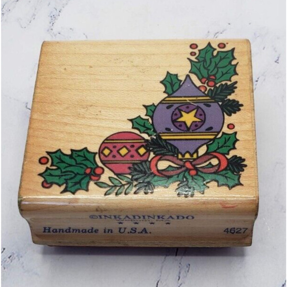Inkadinkado Christmas Ornament Holly Berry Corner 4627 Wood Mounted Rubber Stamp - Picture 1 of 8